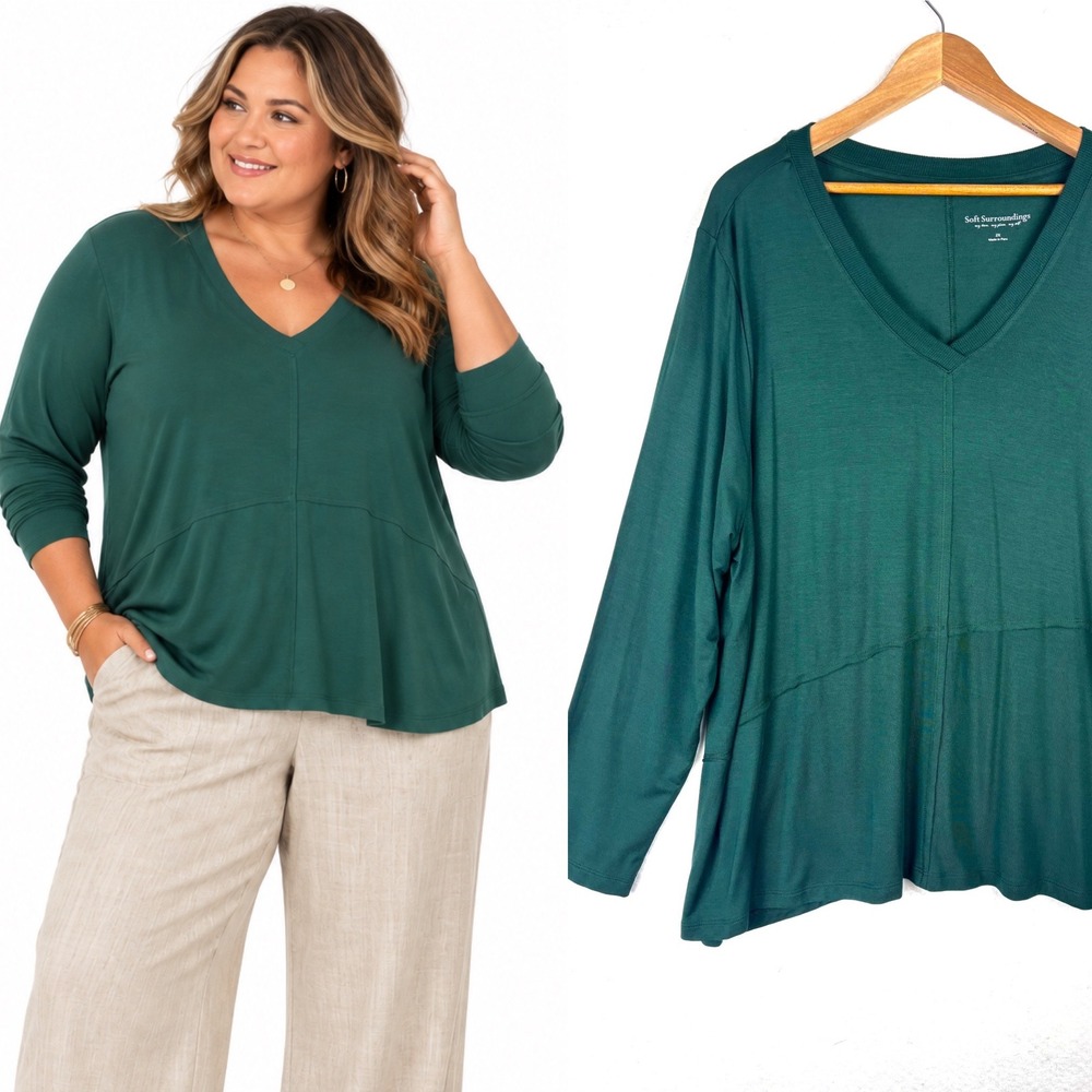NWT Soft Surroundings Top 2X Green V-Neck Modal Spandex Long Sleeve Tunic Blouse